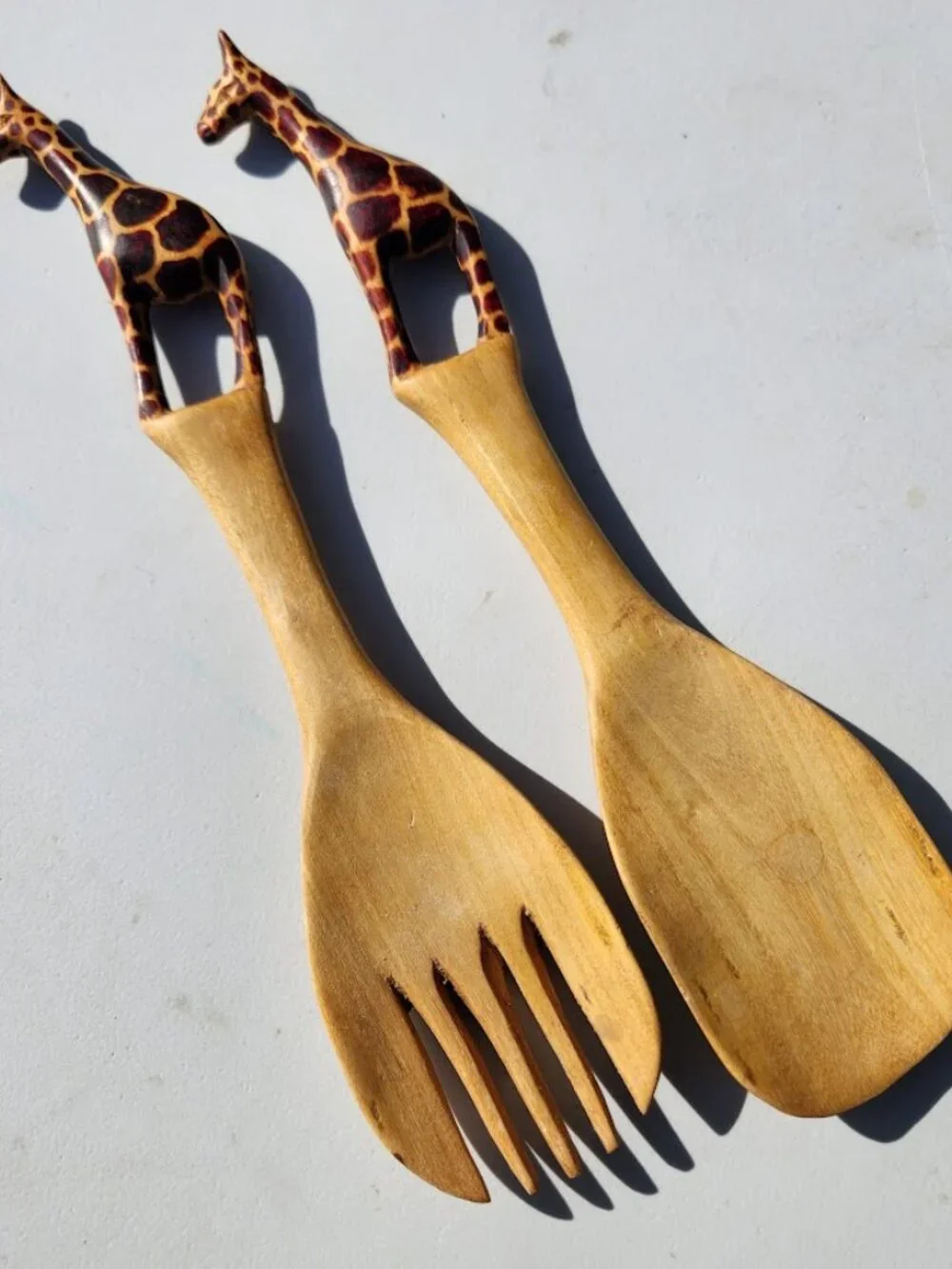 New Hand Carved Wood Giraffe Fork Spoon Serving Set Safari African Folk Art Home